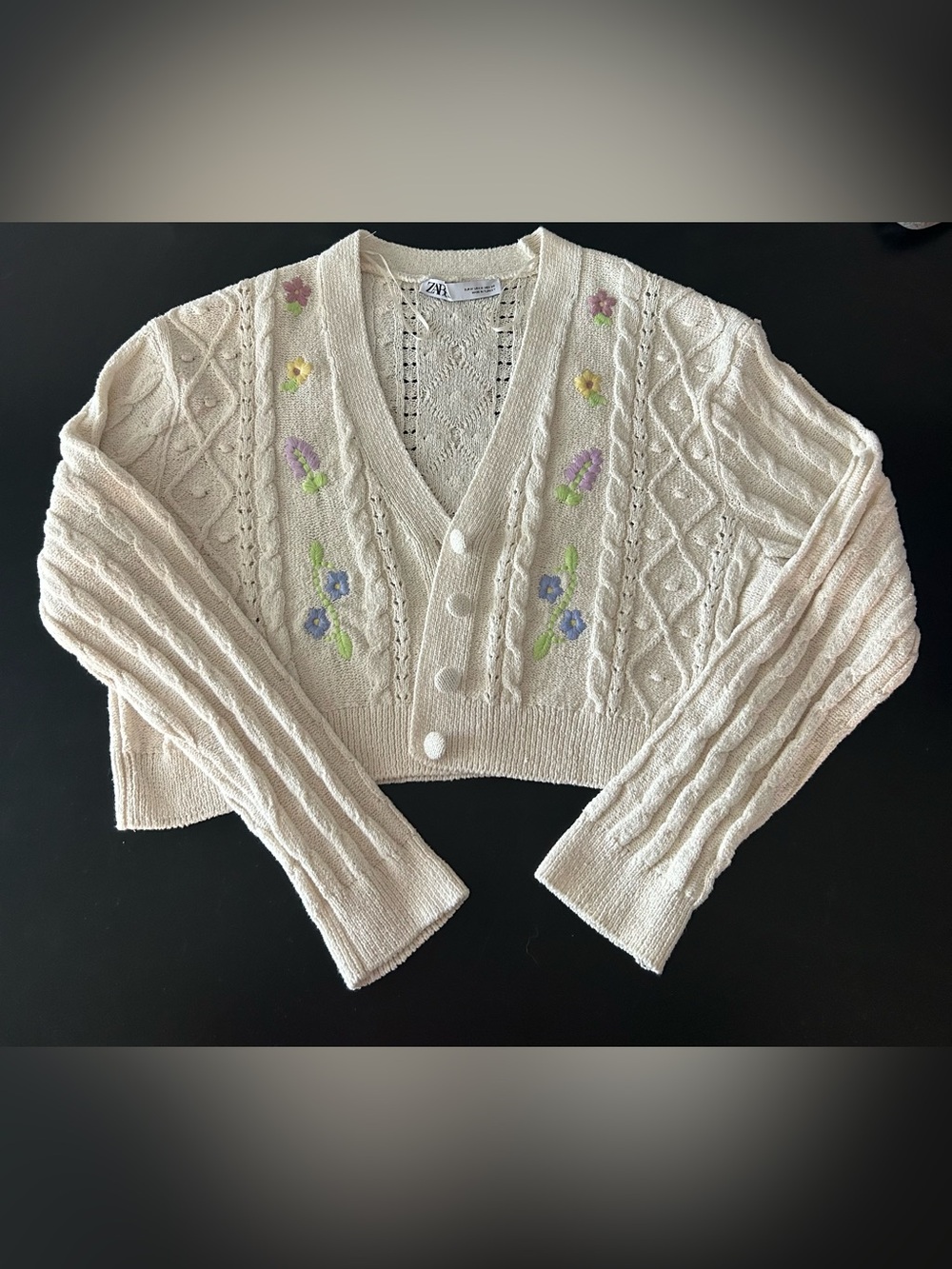 Zara Cream V-Neck Cropped Cable Knit Cardigan with Pastel Floral Embroidery